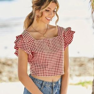 SHEIN Ruffle Trim Square Neck Red Gingham Blouse Cropped size Large
